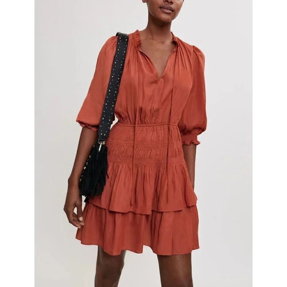 Maje Satin Ruffle Mini Dress Terracotta S (36) NWT
